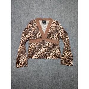 Y2K Babydoll Leopard Brown Lace Trim‎ Bell Sleeve Top XL Mesh Forest Fairy Vtg
